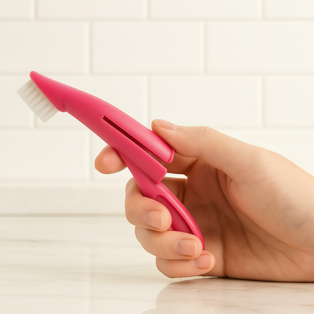 Brosse a dent pour chien de couleur rose avec une main maintenant la brosse a dent. Image produit Boutiquechien