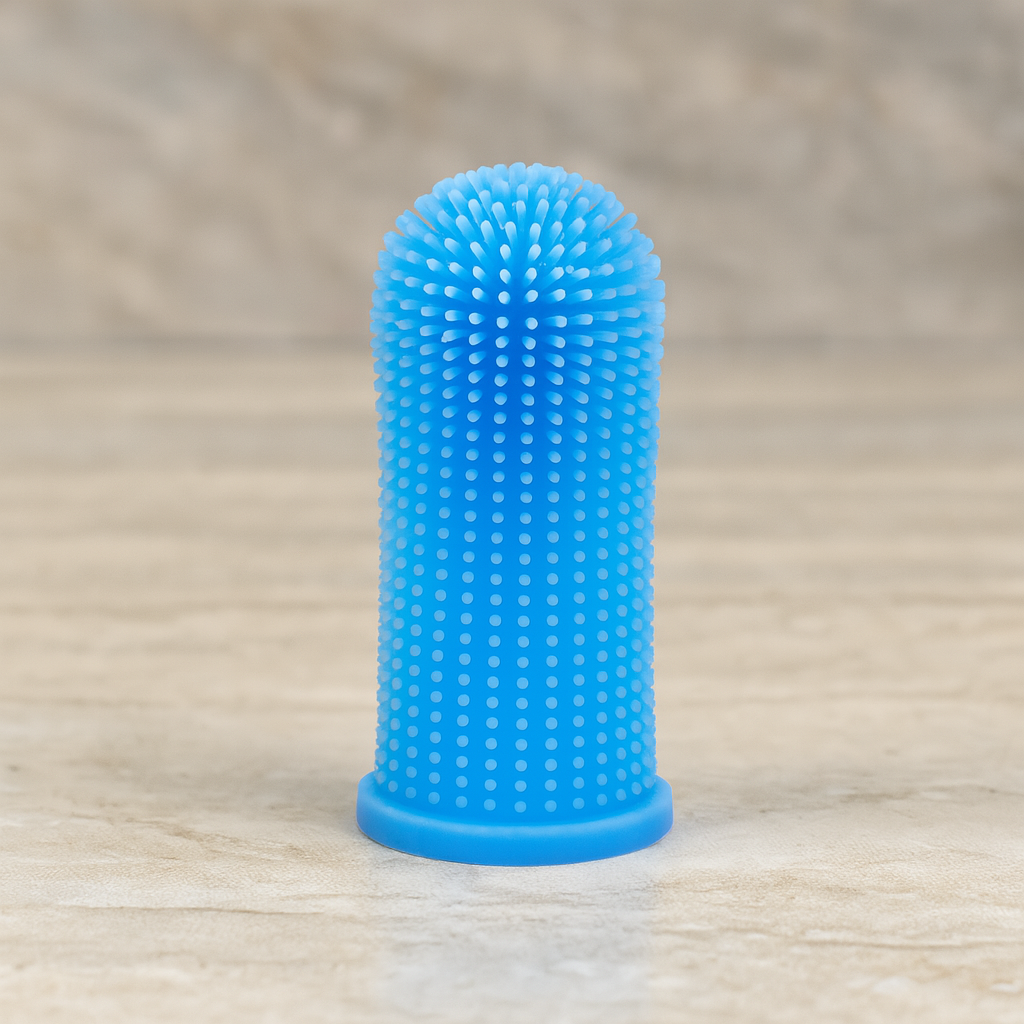 Brosse a dent bleu avec picot sur une table de couleur claire. Image produit Boutiquechien