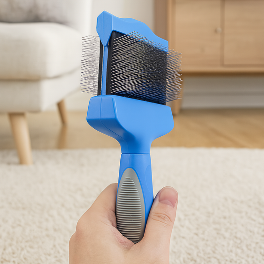 brosse chien double de couleur bleu avec en fond un canapé de couleur gris. Image produit Boutiquechien