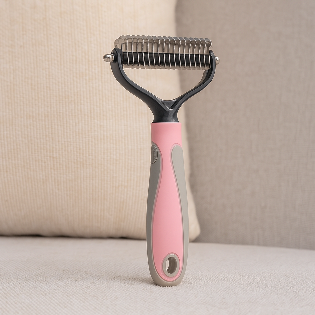 Brosse chien poil long de grande taille. La brosse est de couleur rose et noir sur un canapé de couleur gris. Image produit Boutiquechien