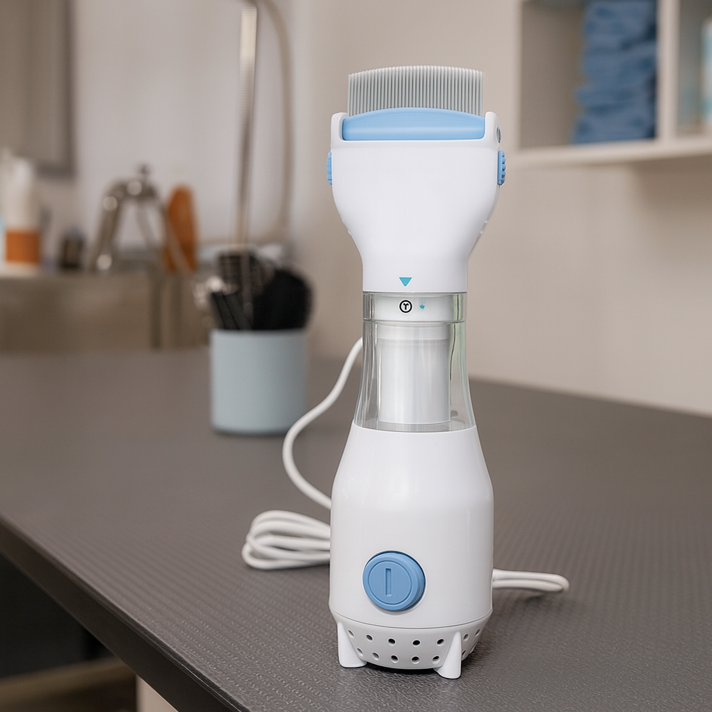 Brosse électrique blanche et bleu pour chien posé dans un salon de toilettage 