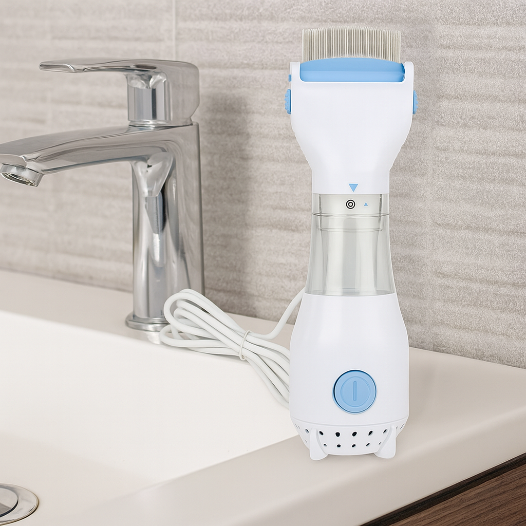 brosse pour chien electrique blanche et bleu près d'un lavabo