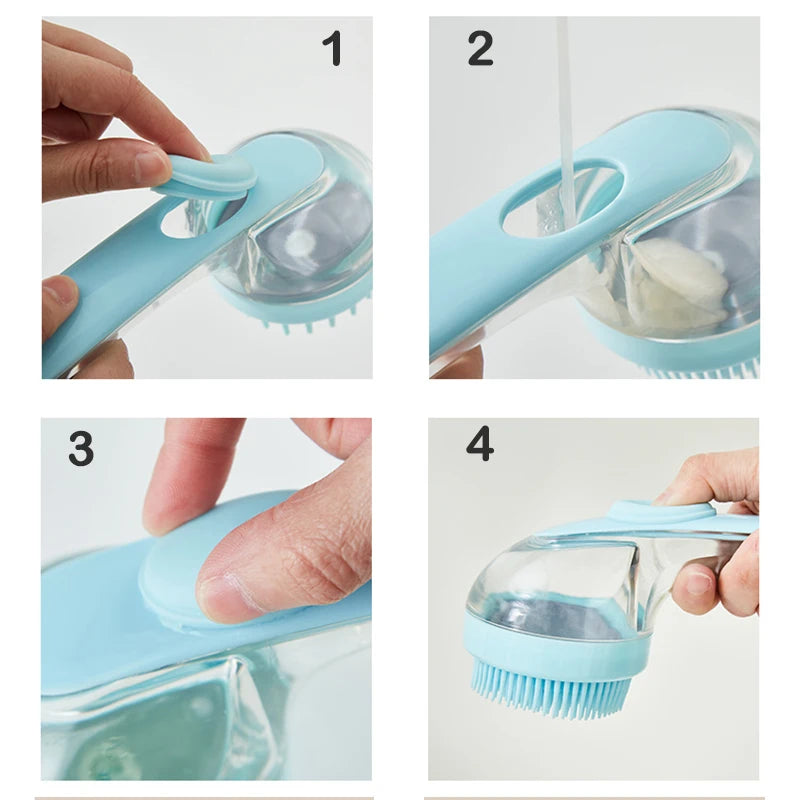 Brosse massage chien de couleur bleu et transparente avec tout le fonctionnement de la brosse Image