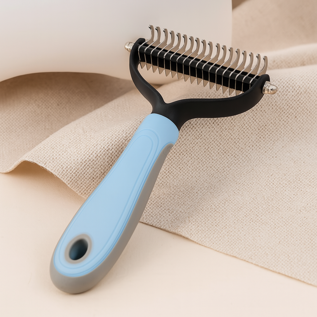 brosse pour chien a poil long de couleur bleu et noir posé dans un décor claire. Image produit Boutiquechien Image