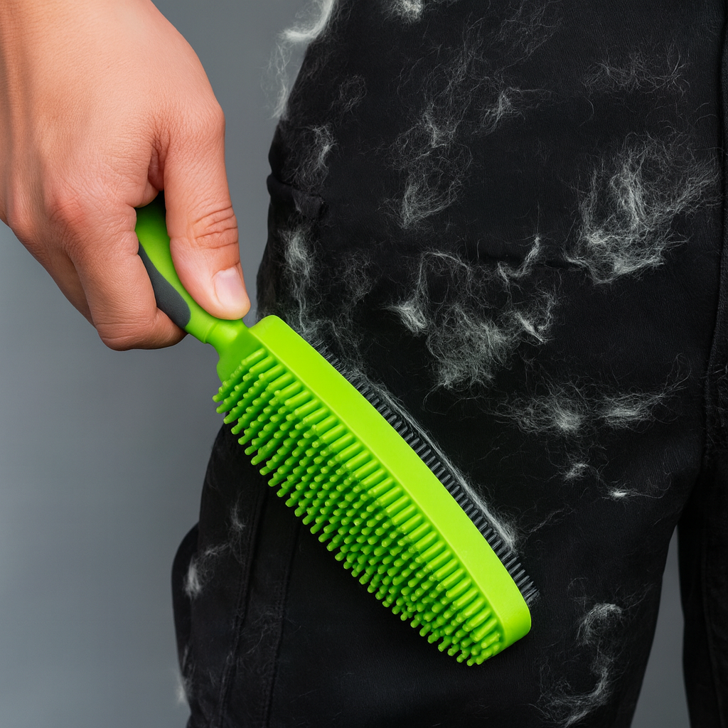 Brosse caoutchouc pour chien de couleur vert et noir qui brosse un pantalon de couleur noir avec des poils blanc dessus