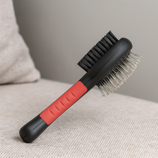 brosse pour chien double sens de couleur rouge et noir. Le produit est mis en valeur dans une pièce grise sur un canapé gris. Image produit Boutiquechien