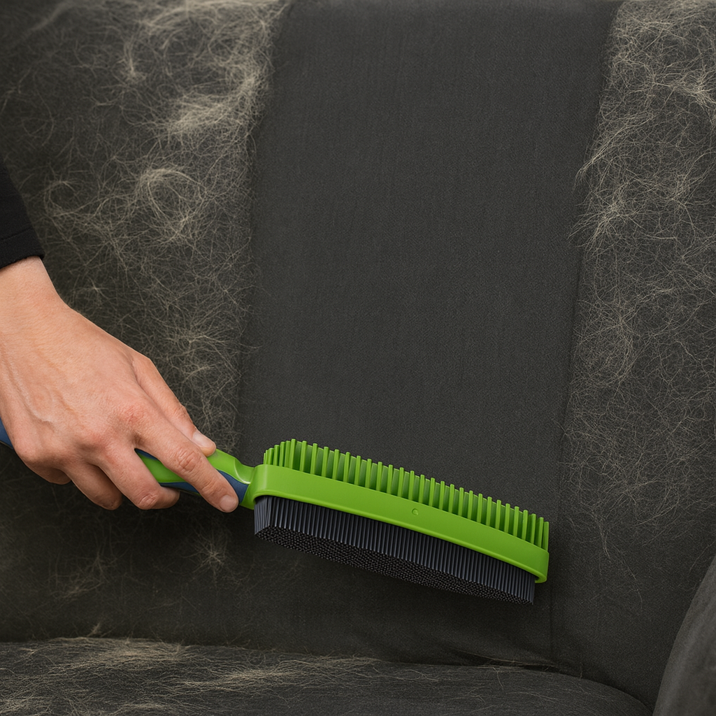 Brosse caoutchouc pour chien de couleur vert et noir sur un canapé noir