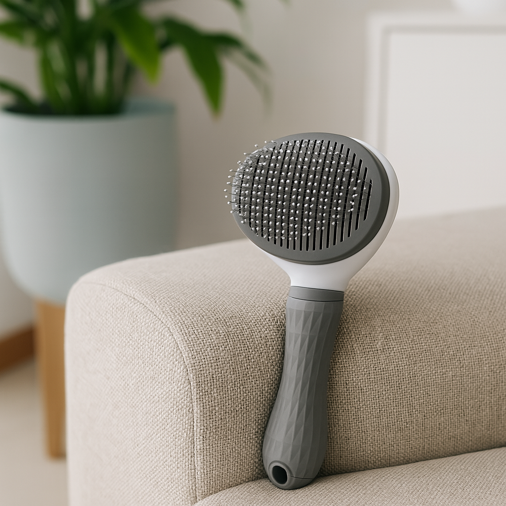 brosse pour chien avec poussoir de couleur gris et blanc posé sur un canapé de couleur claire. En fond il y a une plante verte. Image produit Boutiquechien