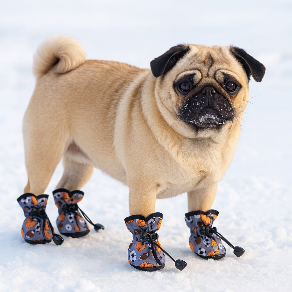Buldog de couleur blanc et noir portant des bottes pour chiens de couleur grise avec des formes de ballons dessus. Le chien est debout dans la neige blanche. Image produit Boutiquechien Image