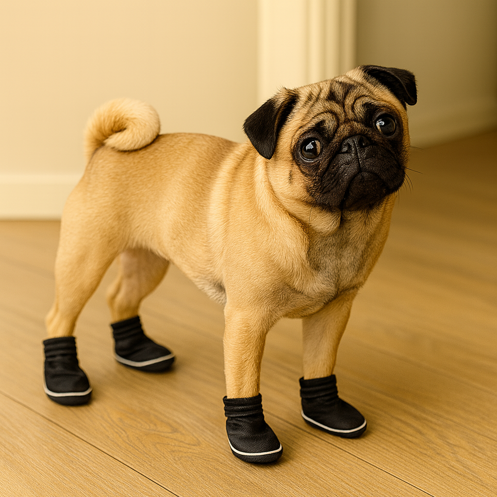 Buldog pour chine de couleur blanc et noir avec des bottes au pied de couleur noir. Le chien est sur un parquet avec en fond un mur blanc. Image produit Boutiquechien Image