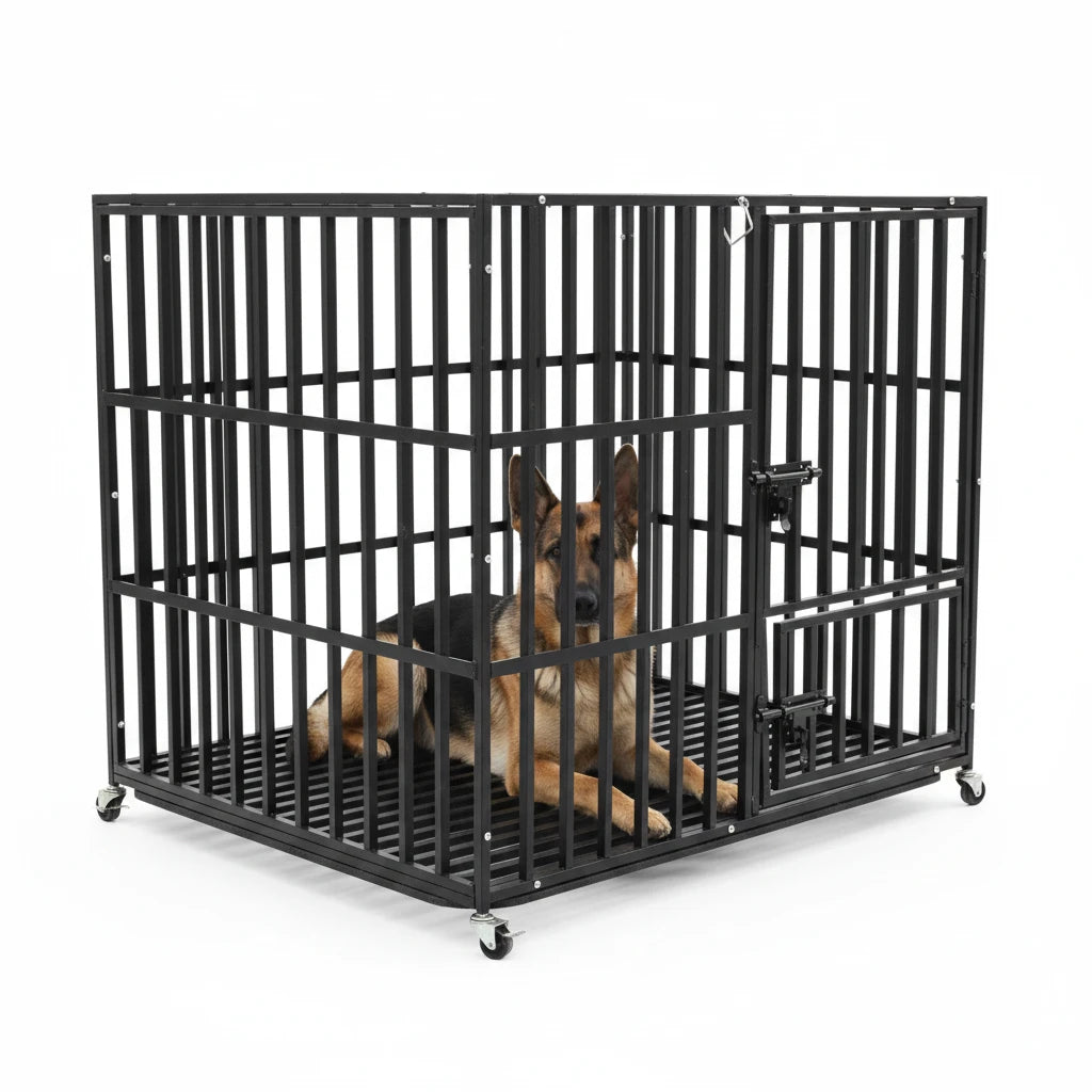 Grande cage de couleur noir avec deux bergers allemand dans la cage noir. La cage est posé dans l'herbe verte avec en fond des arbres. Image produit Boutiquechien