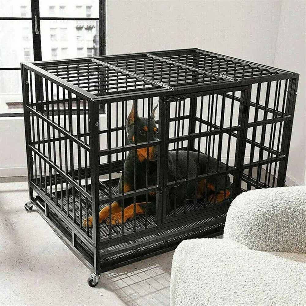 Cage chien noir à roulette posé dans un salon de couleur claire avec un doberman dedans. Image produit Boutiquechien