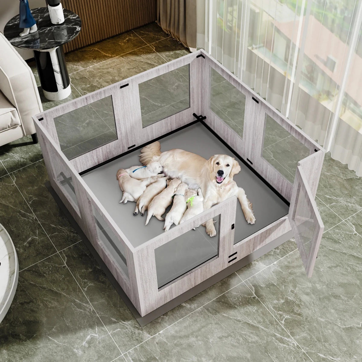 Chien blanc nourrisson ses chiots blanc dans un salon de couleur claire design avec du marbre partout. Image produit Boutiquechien