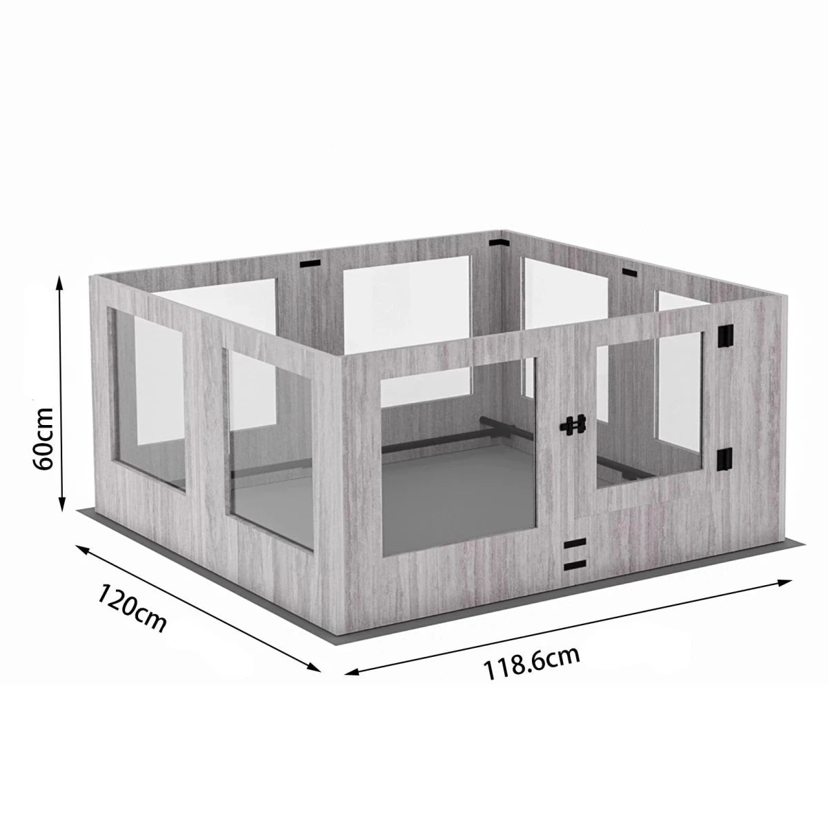 dimension total de la cage pour chien de couleur gris avec les dimensions total du produit. Image produit Boutiquechien