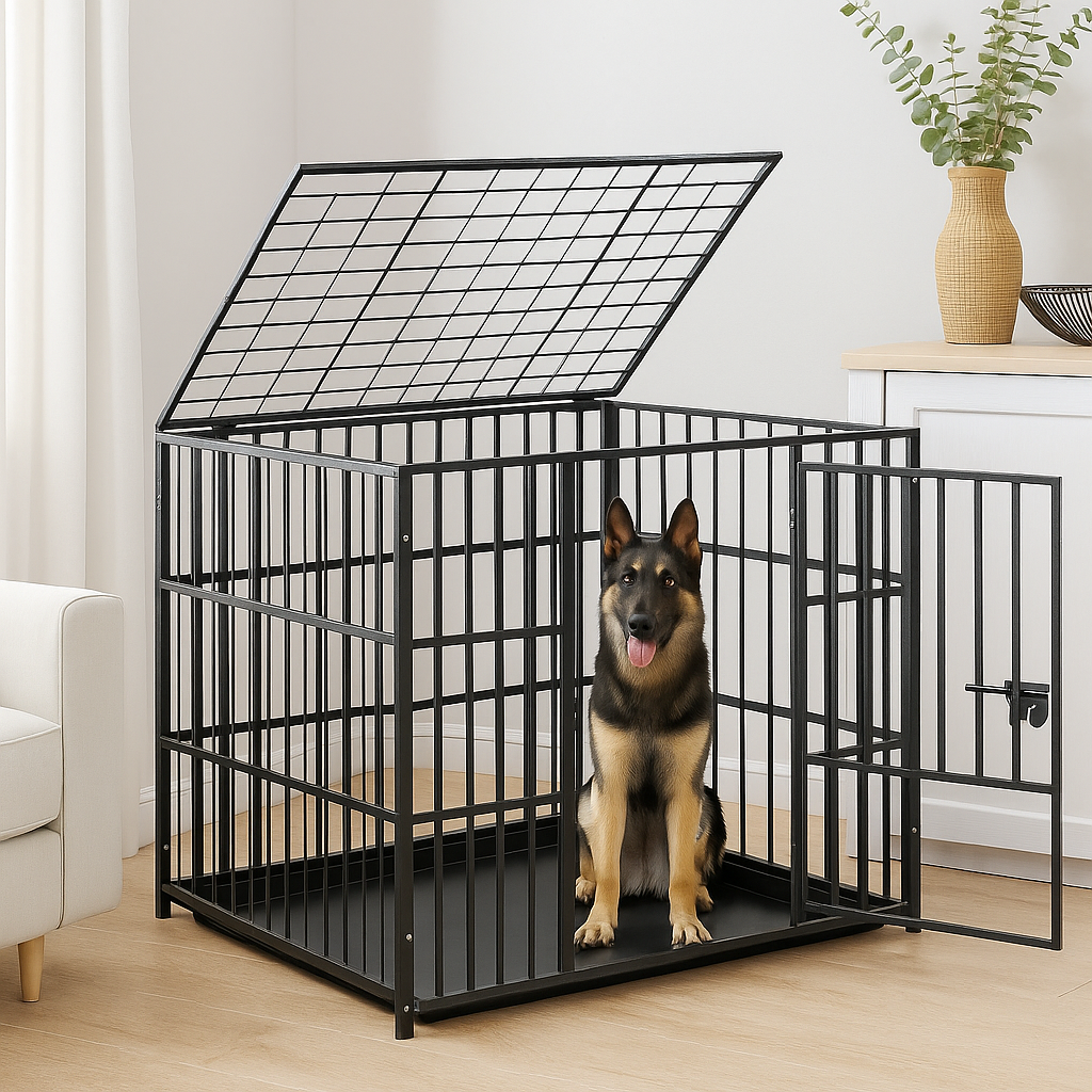 cage de couleur noir durable et résistante avec un chine moyen dedans assis. La cage est posé dans un salon claire avec sur le côte un meuble en bois. Image produit Boutiquechien Image