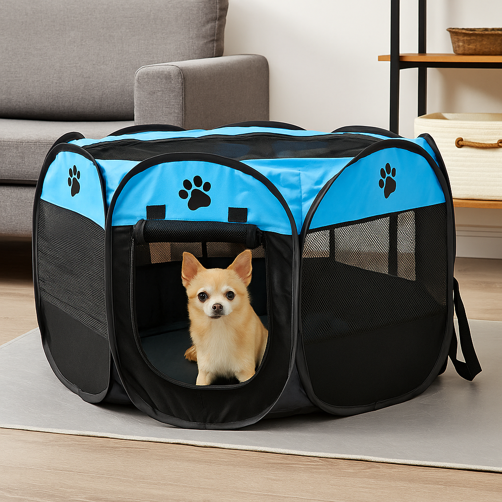 petit chiot blanc couché dans une cage intérieur en nylon bleu. En fond il y a un canapé gris et des meubles bois. Image produit Boutiquechien Image