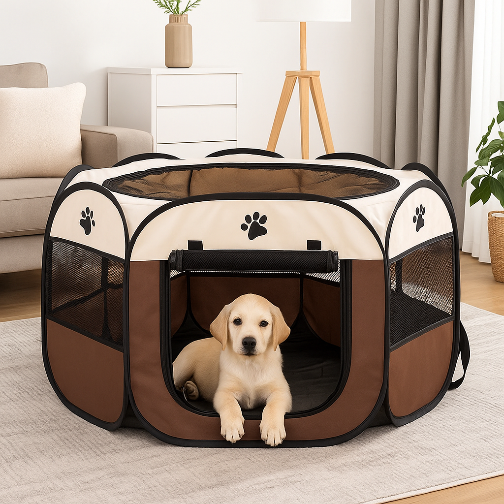 petit chiot blanc couché dans une cage intérieur en nylon. En fond il y a un canapé gris et des meubles blanc. Image produit Boutiquechien Image