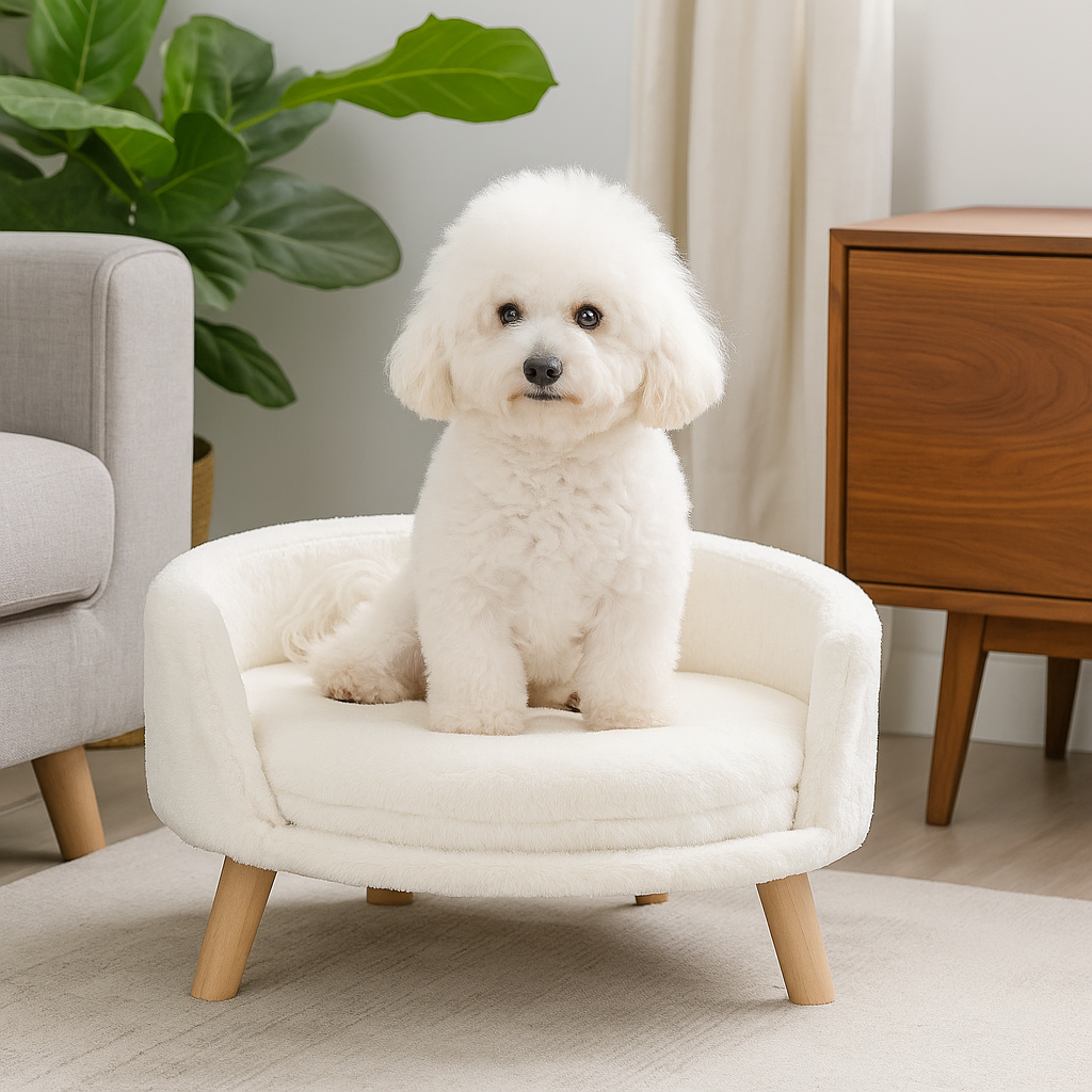 canapé chien de couleur blanc avec un petit chien de couleur blanc assis dessus. Il y a une plante verte en fond et un meuble en vois avec un canapé gris. Image produit Boutiquechien