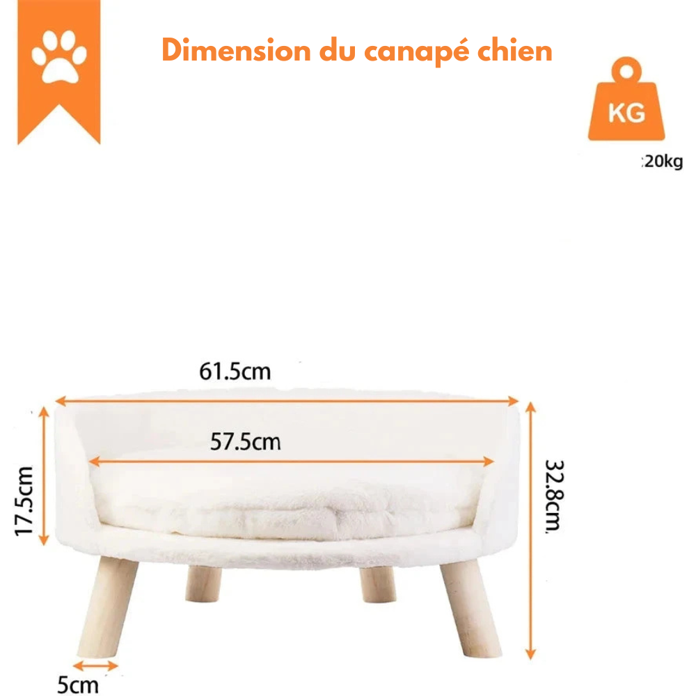 canapé chien de couleur blanc avec une dimensions de tout le produit. Image produit Boutiquechien