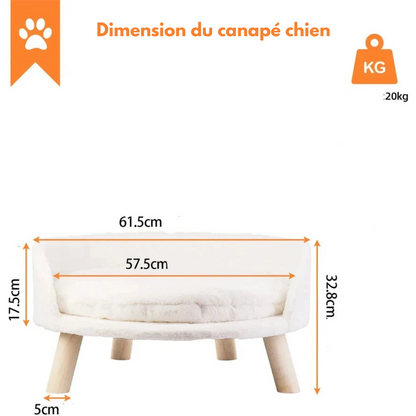 canapé chien de couleur blanc avec une dimensions de tout le produit. Image produit Boutiquechien