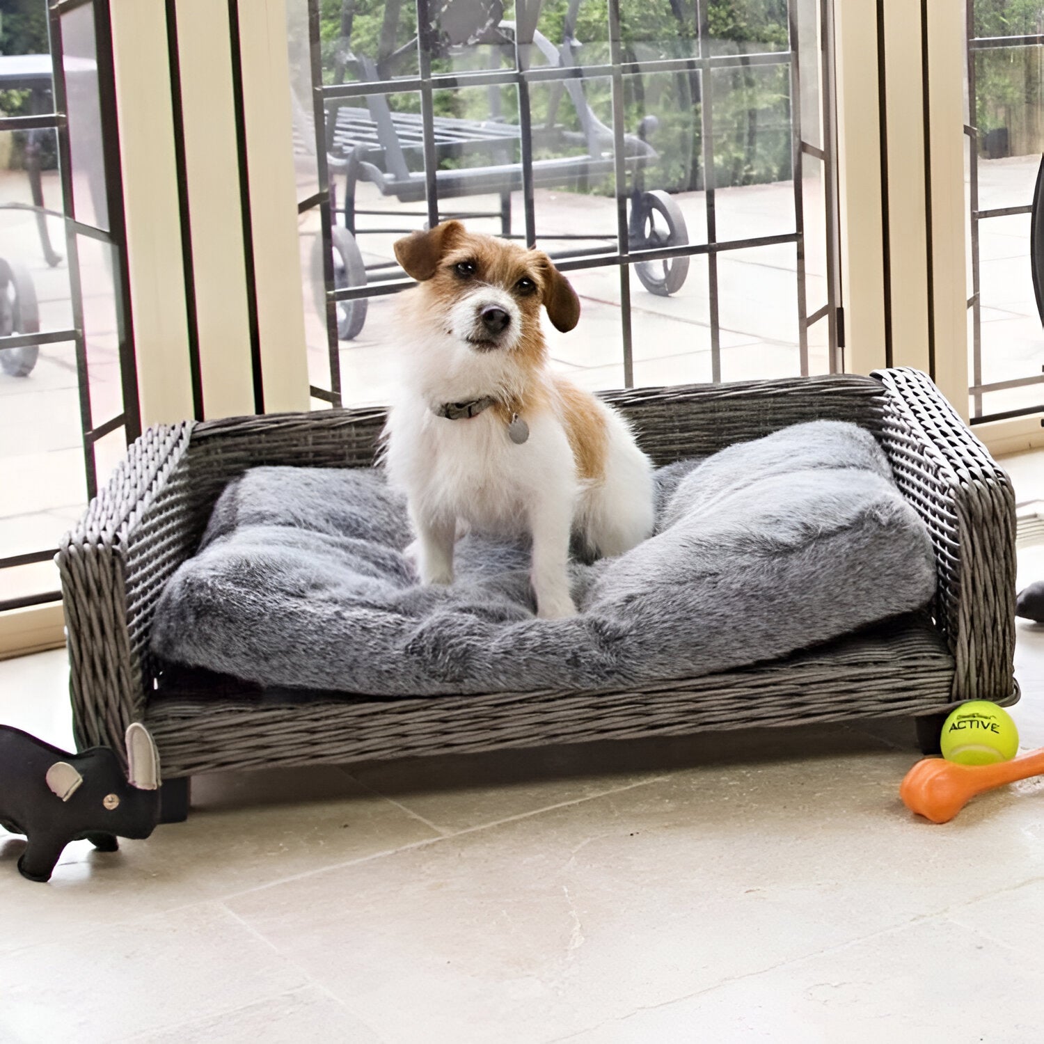 canapé chien en osier claire avec matelas gris claire. Le panier osier est parfait pour les maisons design. Le petit chien blanc et beige est assis sur le canapé chien en osier.Image produit Boutiquechien 