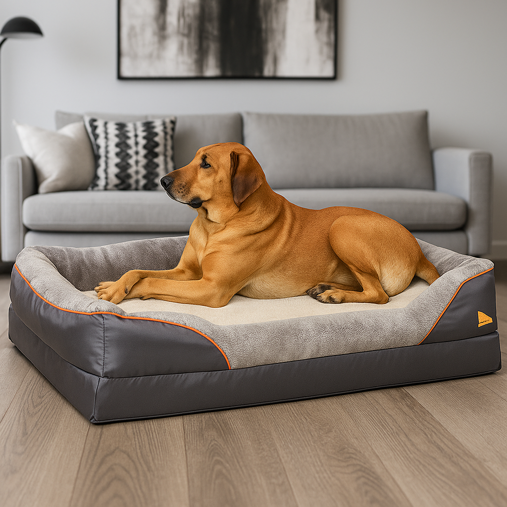chien burn dans grand panier chien de couleur gris avec en fond un canapé gris et un tableau. Image produit Boutiquechien