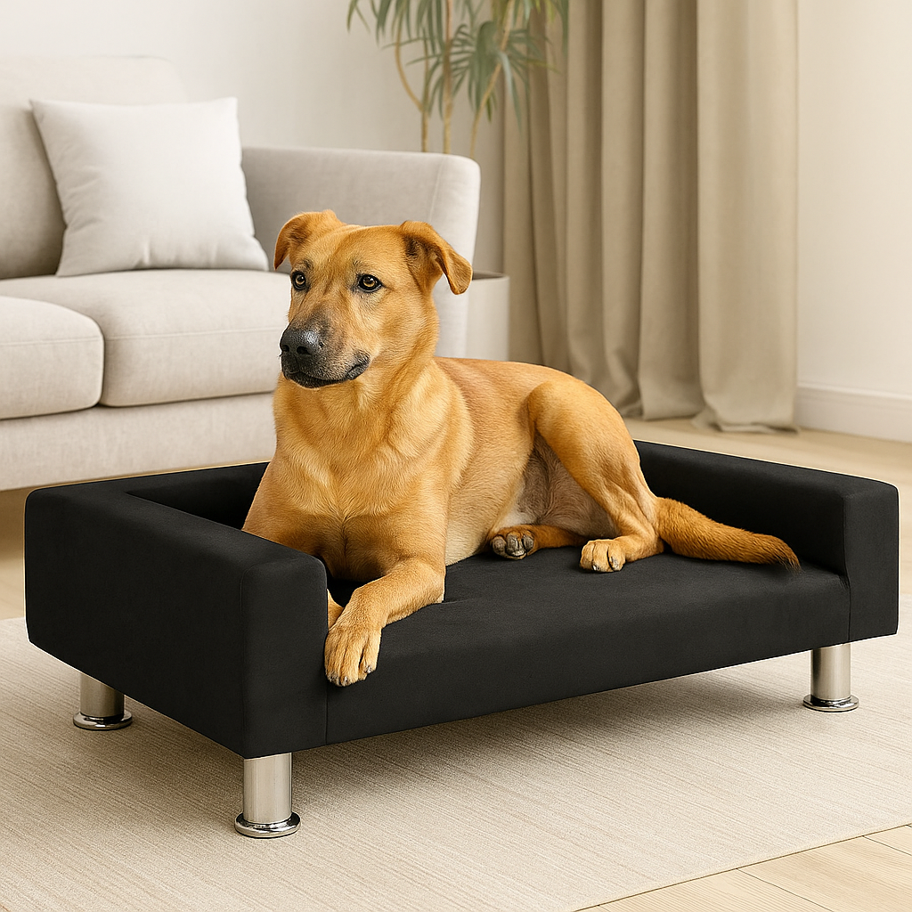 canapé chien noir design avec un chien brun couché dessus. En fond il y a un canapé chien gris et une plante verte. Image produit Boutiquechien Image