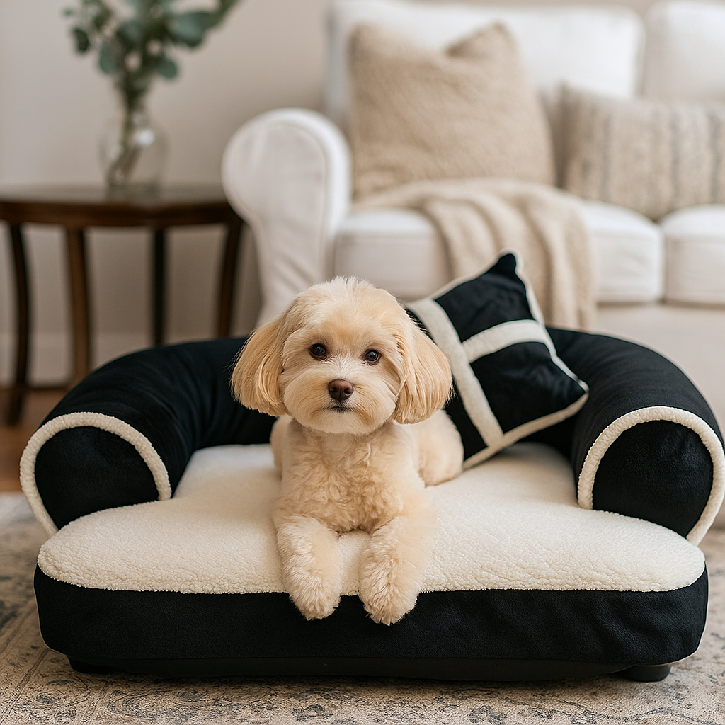 Canapé chien design de couleur noir et blanc posé dans un salon de couleur blanc de style ancien. Image produit Boutiquechien