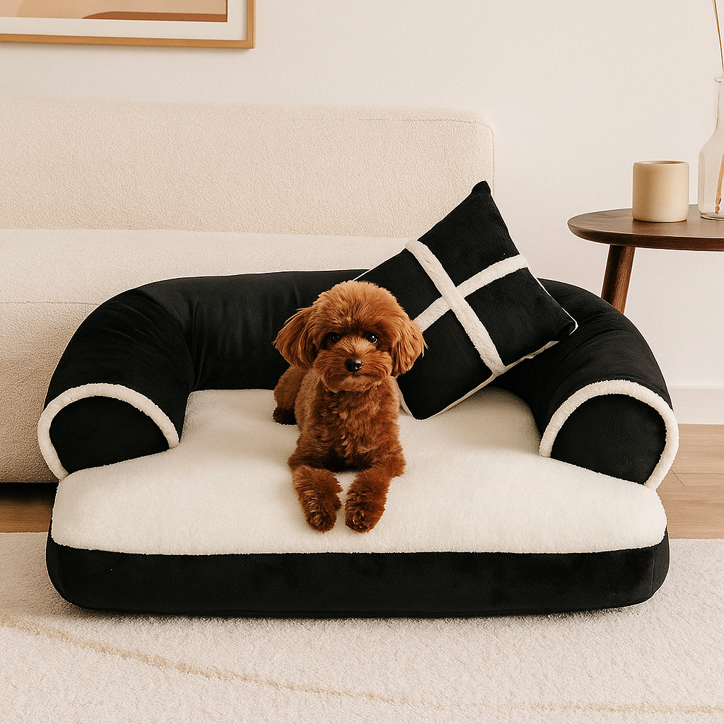 chien brun couché sur un canapé e couleur noir et blanc pour chien. En fond il y a un canapé blanc et une petite table basse. Image produit Boutiquechien