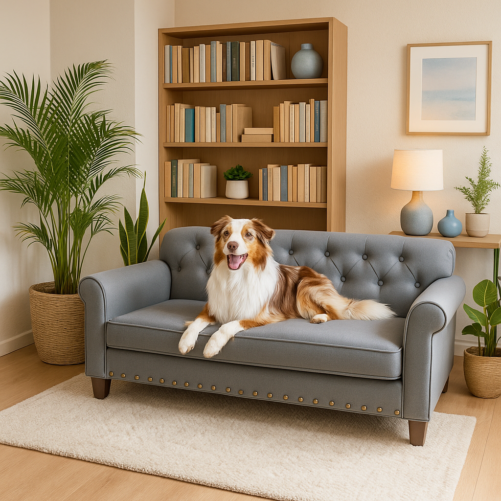 canapé chien gris avec un chien blanc et brun. En fond il y a un fond blanc et plein de plantes verte. Image produit Boutiquechien Image