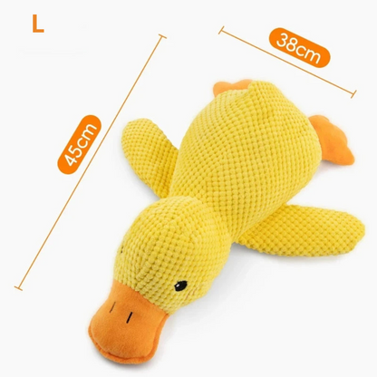 Jouet en forme de canard de couleur jaune et orange de tailles L avec toutes les dimensions du produits. Image produit Boutiquechien 