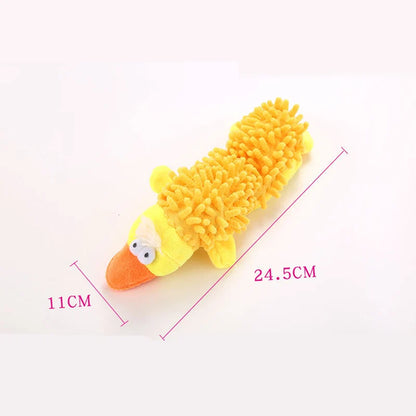 dimension de la peluche canard pour chien de 24.5m de long. La peluche est parfaite pour jouer avec votre chien. Image produit Boutiquechien