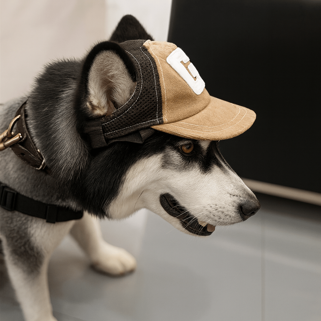 Gros chien blanc et noir portant une casquette pour chien de couleur beige et blanc de boutiquechien