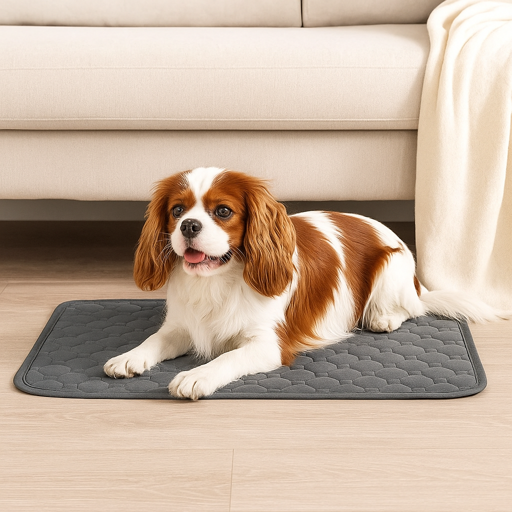 Chien blanc et burn couché sur un tapis absorbant de couleur gris près d'un canapé blanc. Image produit Boutiquechien