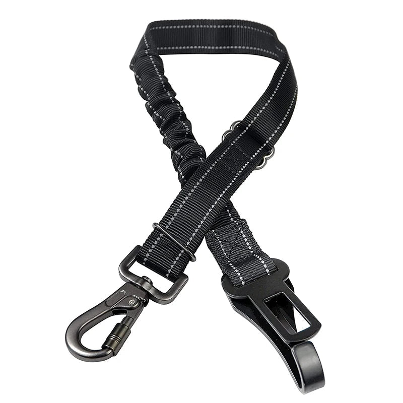 Laisse de sécurité pour chien de couleur noir avec toutes les attaches renforcé pour maintenir son chien. La laisse comporte deux attaches pour maintenir son chien avec un crochet et une boucle de ceinture. La laisse possède un élastique intégré pour maintenir son chien plus facilement. Image produit Boutiquechien