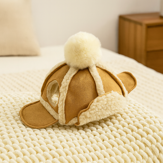 Chapeau d'hiver pour chien de couleur burn et blanc pose sur une couverture blanche avec en fond un meuble en bois de boutiquechien