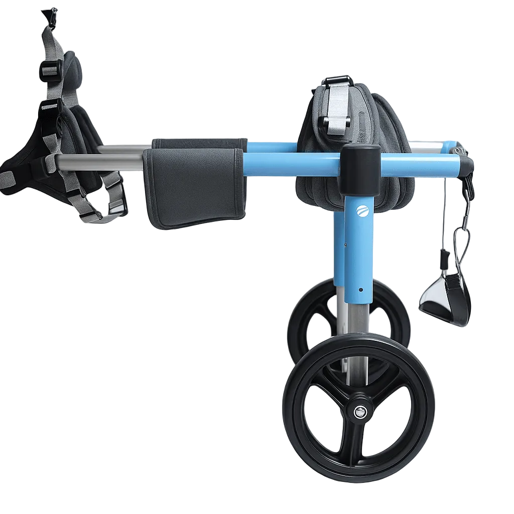chariot pour chien handicapé de couleur bleu et noir avec des roulettes pour aider à marcher les petits chiens. image produit Boutiquechien