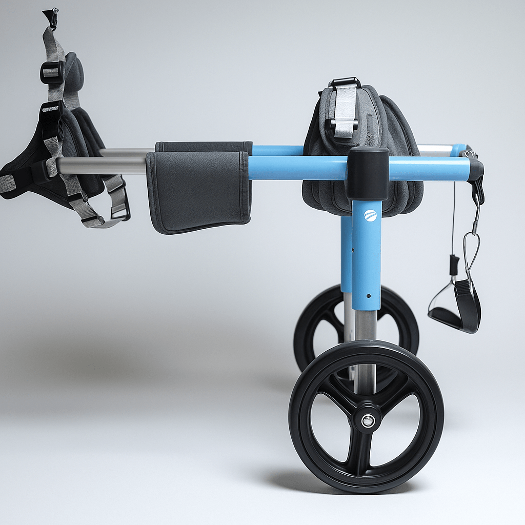chariot pour chien handicapé de couleur bleu et noir avec des roulettes pour aider à marcher les petits chiens. image produit Boutiquechien