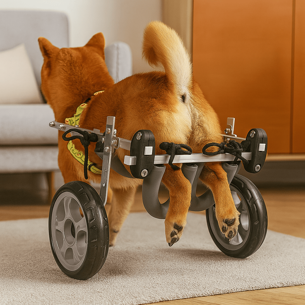 Chariot de promenade pour chien de couleur gris avec un shiba de couleur roux dans un salon de couleur claire. En fond il y a un canapé de couleur gris et une commode en bois. Image Produit Boutiquechien