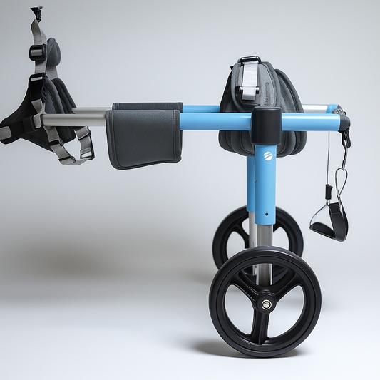 chariot pour chien handicapé de couleur bleu et noir avec des roulettes pour aider à marcher les petits chiens. image produit Boutiquechien