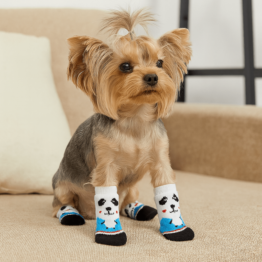 Chaussette pour petit chien de couleur blanc panda. Les chaussettes sont sur un petit chien découpeur claire. Le petit chien est sur un canapé de couleur beige. Image produit Boutiquechien