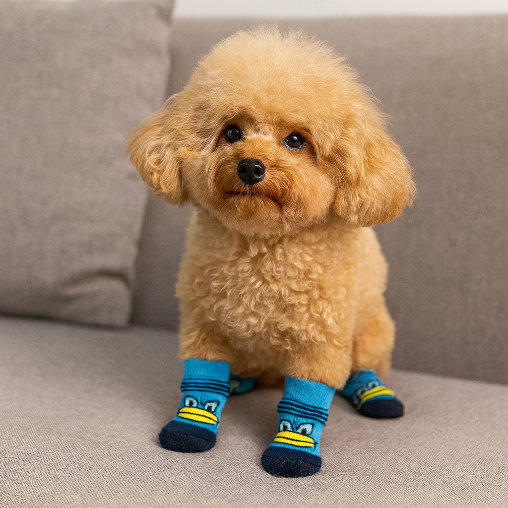 Chaussette pour petit chien de couleur bleu à motif canard. Un petit chien roux porte ces chaussettes assis sur un canapé de couleur gris. Image produit Boutiquechien Image