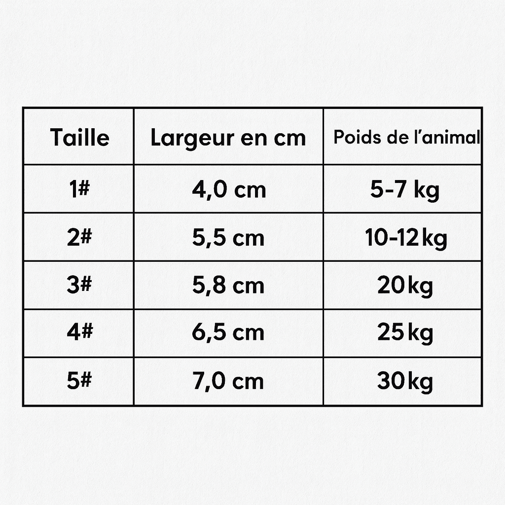 Tableau des tailles pour les bottes pour chiens durable de boutiquechien
