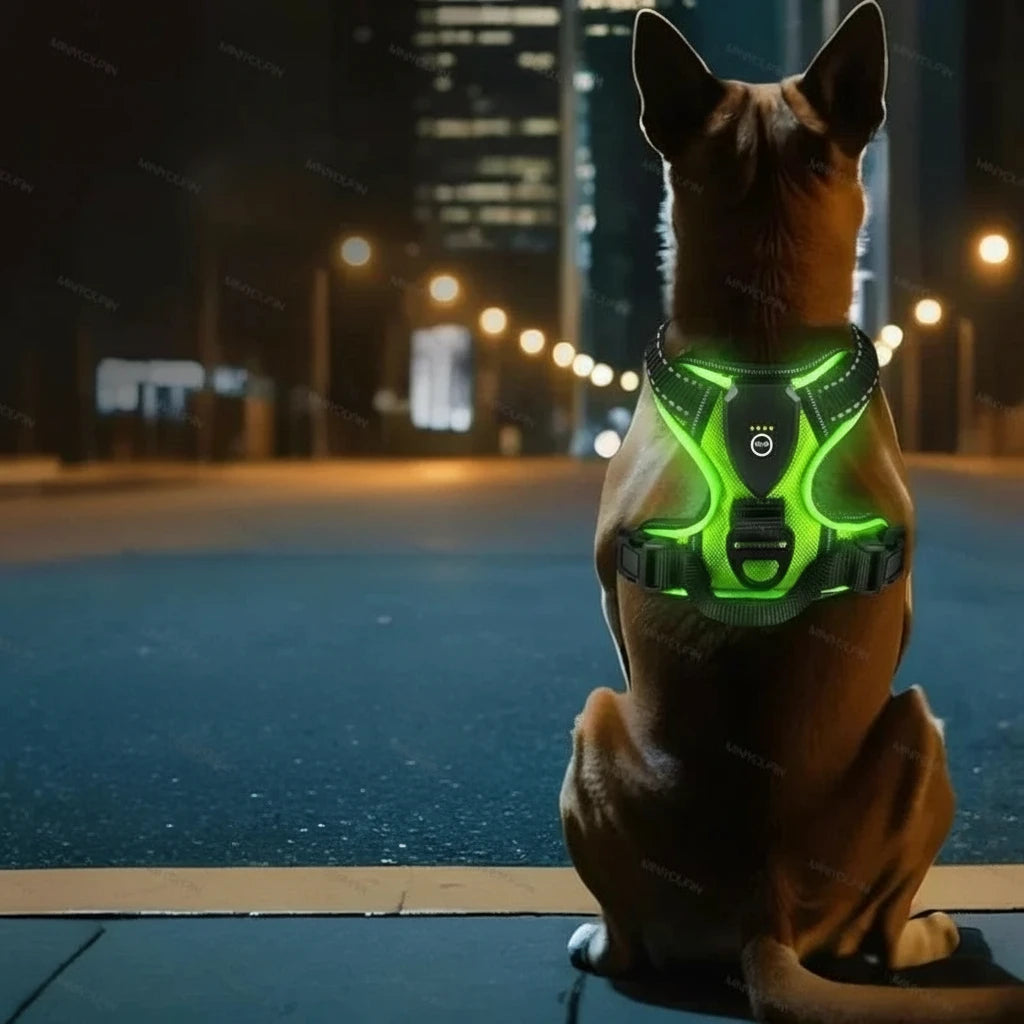 grand chien de dos portant un harnais lumineux fluorescent en ville