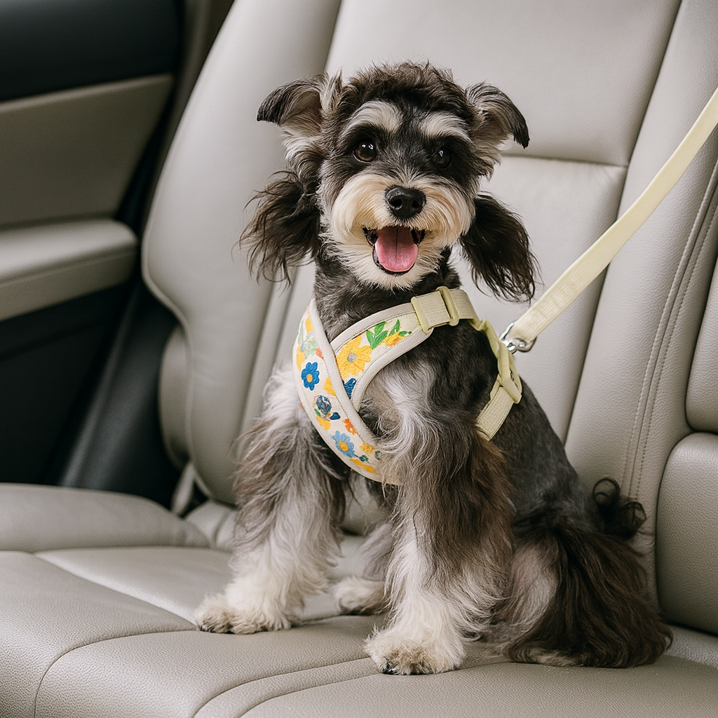 chien noir et blanc assis sur une banquette arrière de voiture. Le chien porte un harnais chiot voiture de Boutiquechien