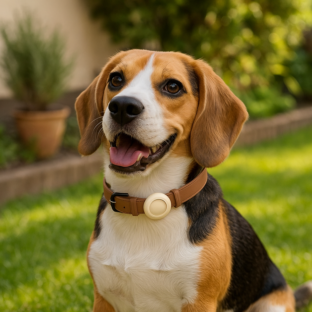 Chien portant un collier brun pour AirTag. Image produit Boutiquechien