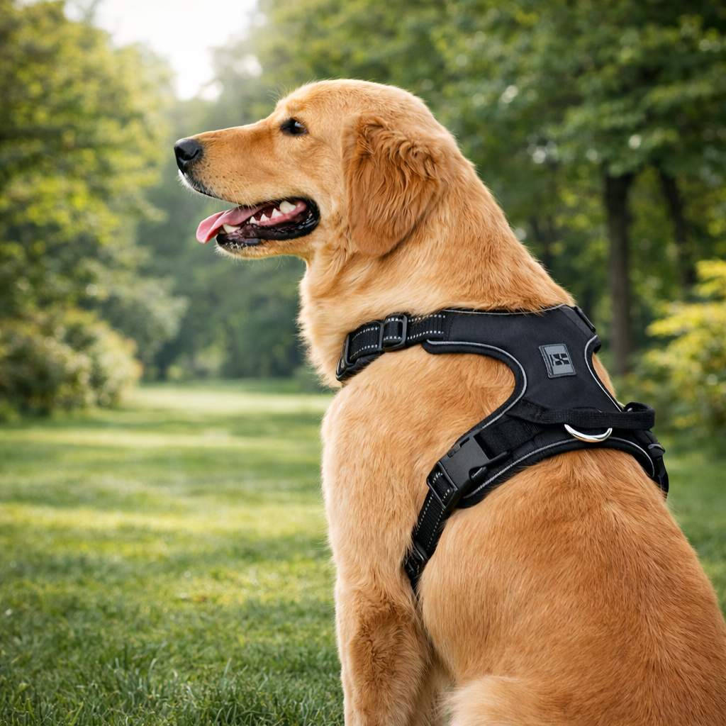 Gros chien brun avec un harnais noir dans une foret verte 