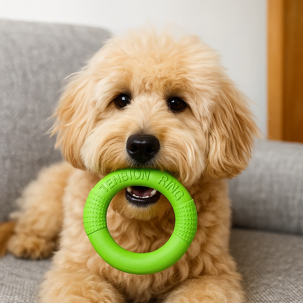 anneau chien vert avec un chien blanc qui l'a dans la bouche. Image produit Boutiquechien