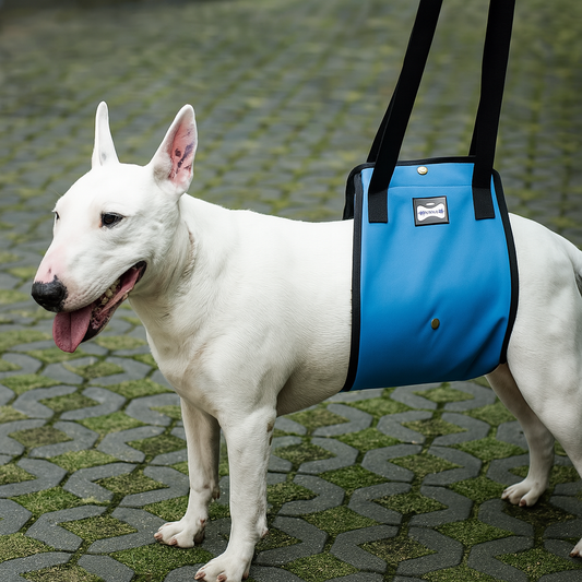 Chien blanc portant un harnais de maintien de couleur bleu et noir. Le chien est debout dans la roue sur des pavés plein de mousse. Image produit Boutiquechien