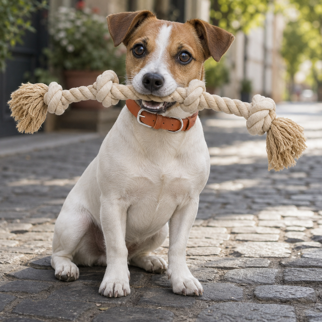 chien de couleur claire jouant avec un os en corde dans la rue Image